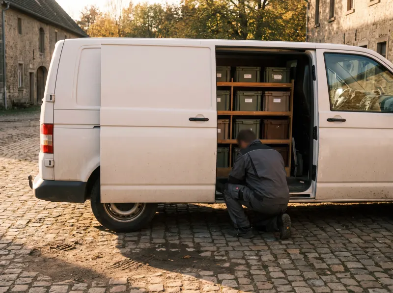 Transporter ohne Firmenaufschrift — kein Hinweis auf den Anlass